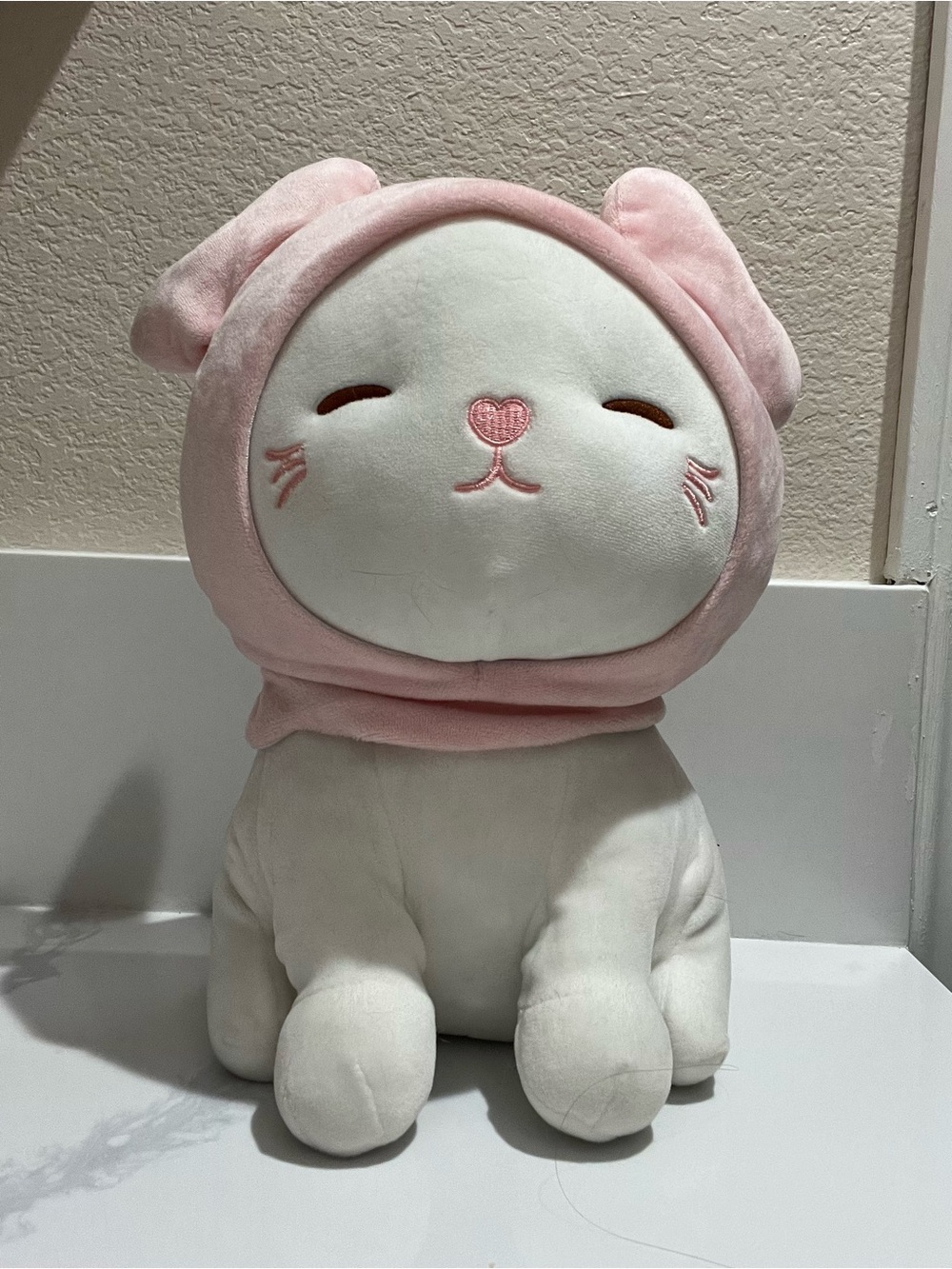 Pink & White Plush Cat Stuffed Animal - Soft Cuddly Toy